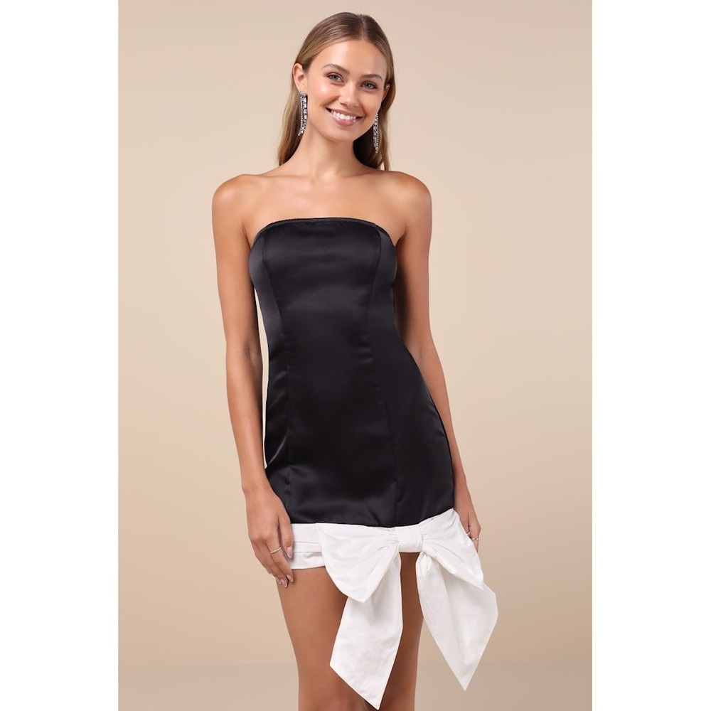 Lulus Black Satin Strapless Mini Dress with Oversized White Bow Hem Large NWT